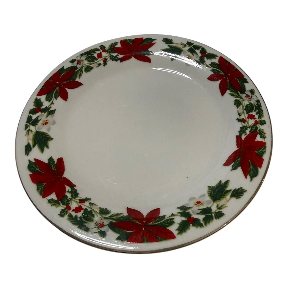 Gibson Everyday Christmas Poinsettia Salad Plate White Ceramic Floral Red Green